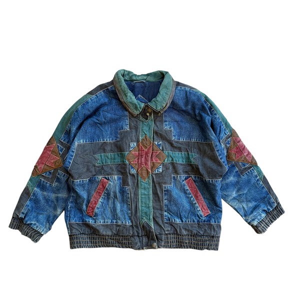 Concept II Other - Vintage Concept II Denim‎ Patchwork Bomber Jacket Southwestern Geometric Mens L